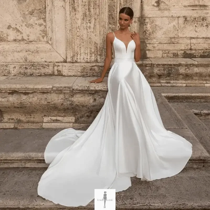 Elegant Satin V-Neck Wedding Dresses With Pockets Easy to Wear Basic essential