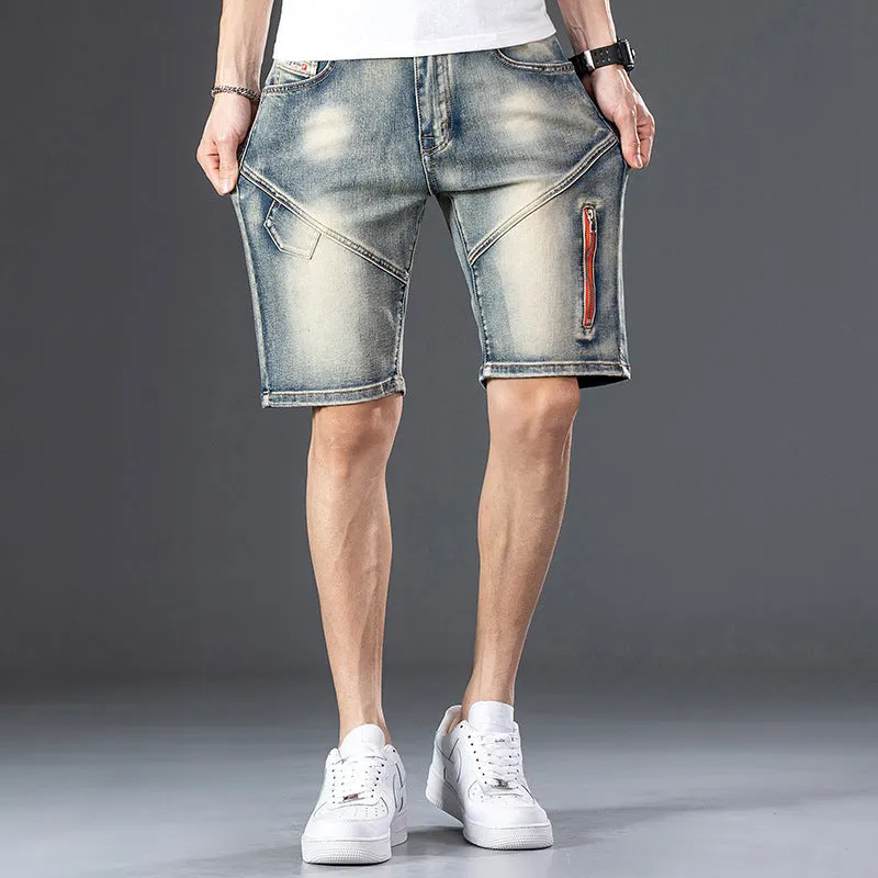 Casual Layers Decorative Zipper Stitching Casual Five-point Denim Shorts Men