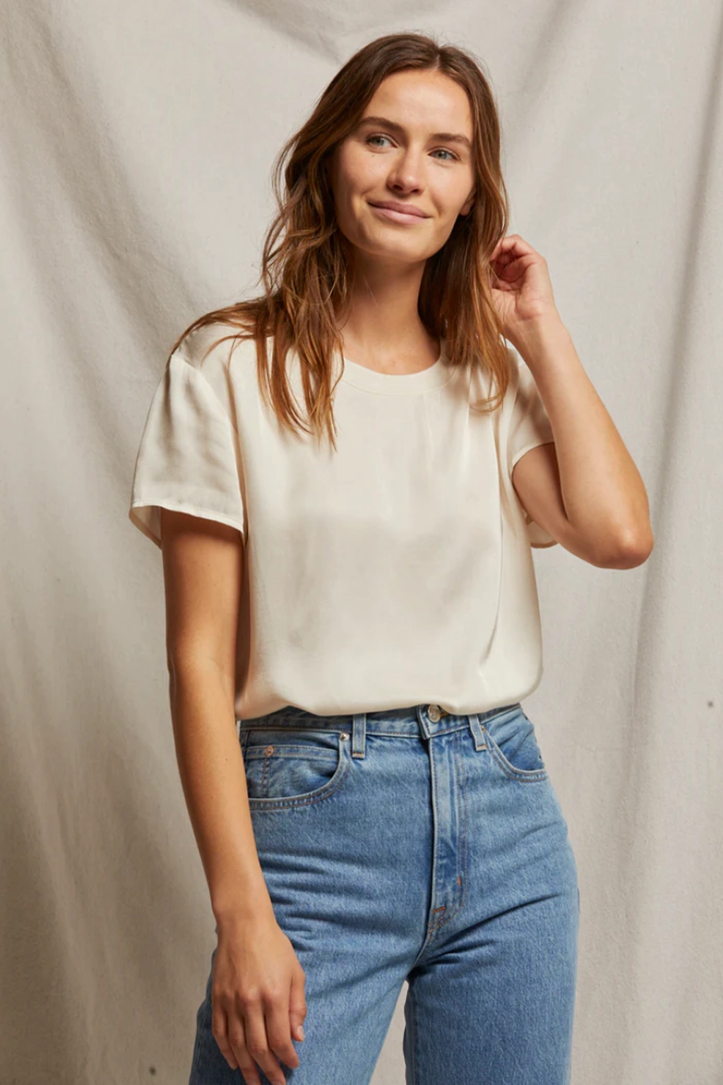 Soft Blended Fabric Stretch Material Delphie Satin Crew Tee