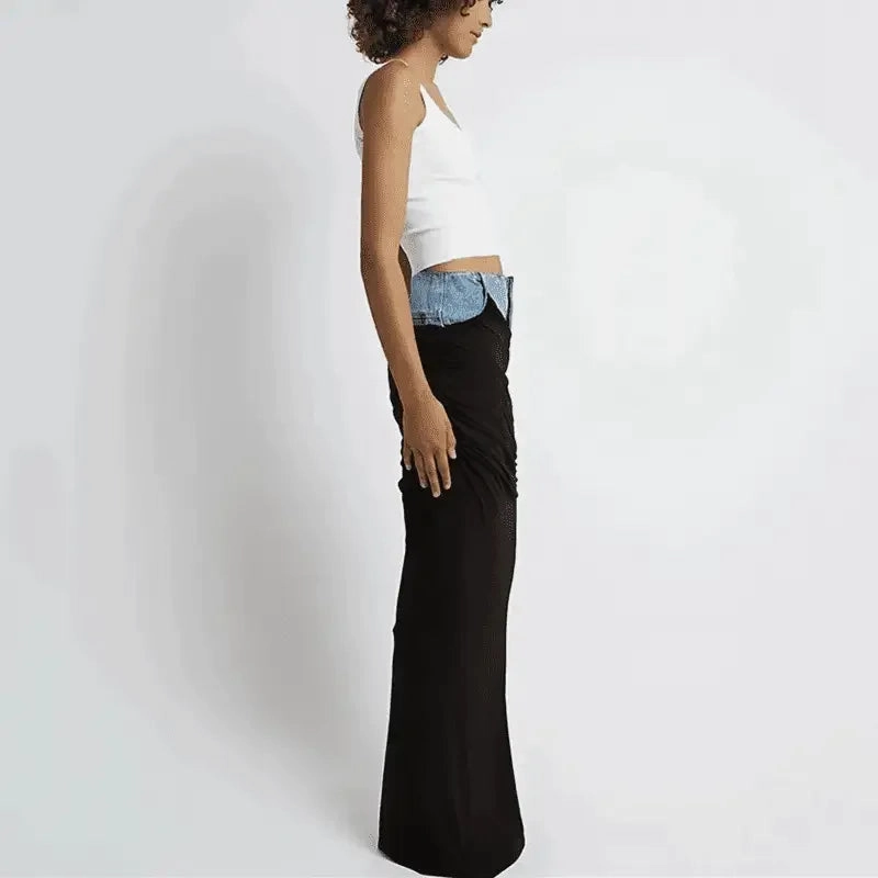 Playful Twist Denim Pleated Long Skirt
