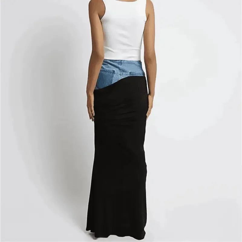 Pocket-Detail Denim Pleated Long Skirt
