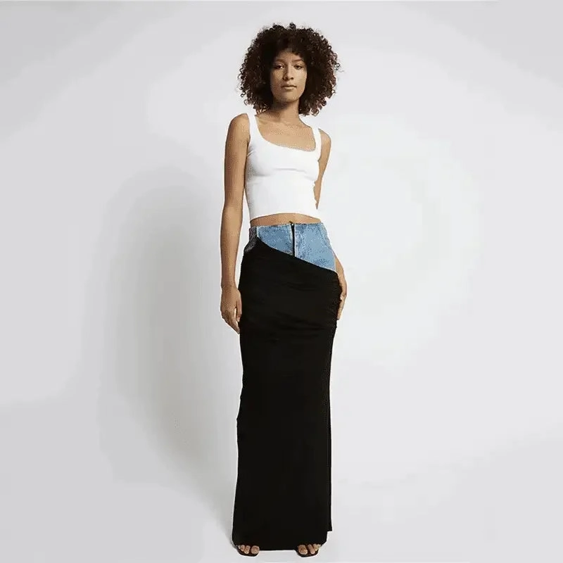 Denim Pleated Long Skirt Elegant Look