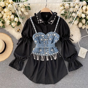 Diamond Beaded Puff Sleeve Shirt Top Tassel Pearl Sling Vest Two-piece Set Sport Bold Loose Premium