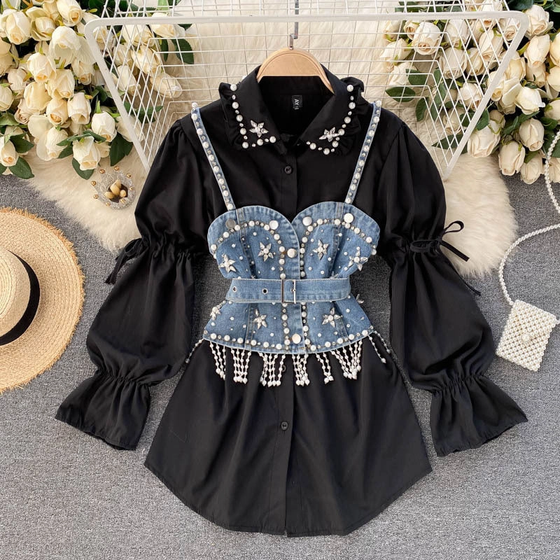 Diamond Beaded Puff Sleeve Shirt Top Tassel Pearl Sling Vest Two-piece Set Sport Bold Loose Premium