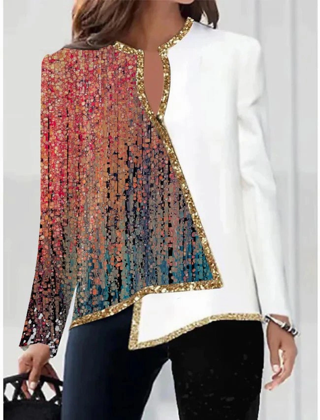 Digital Printed Flower V-neck Hem Asymmetric Women's Long Sleeves Casual Stretch Soft Waistband