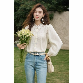 Spring Hollow Embroidered Mesh Blouse Clean Edge Trim Lightweight Comfort