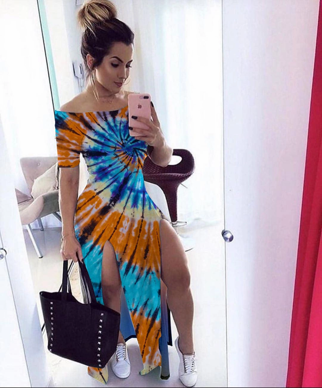 Tie-dye one-shoulder split dress Elegant formal piece Statement Mood