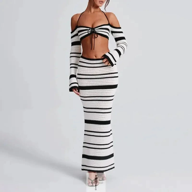 Mixed Fabric Knit Halter Top with Bodycon Skirt