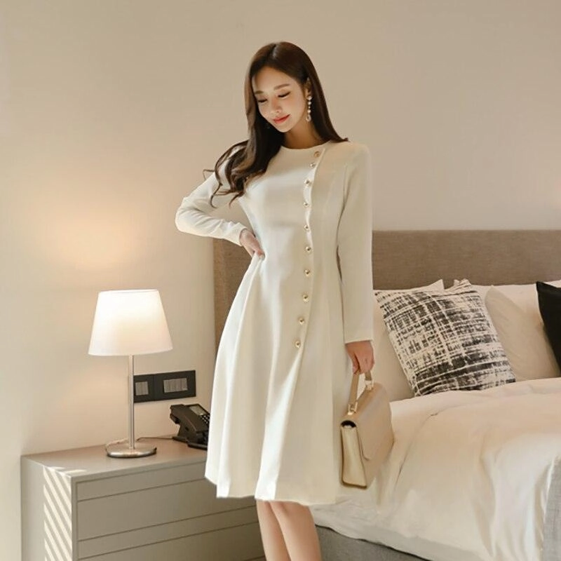 Neutral Tones High-quality button waist mid-length dress