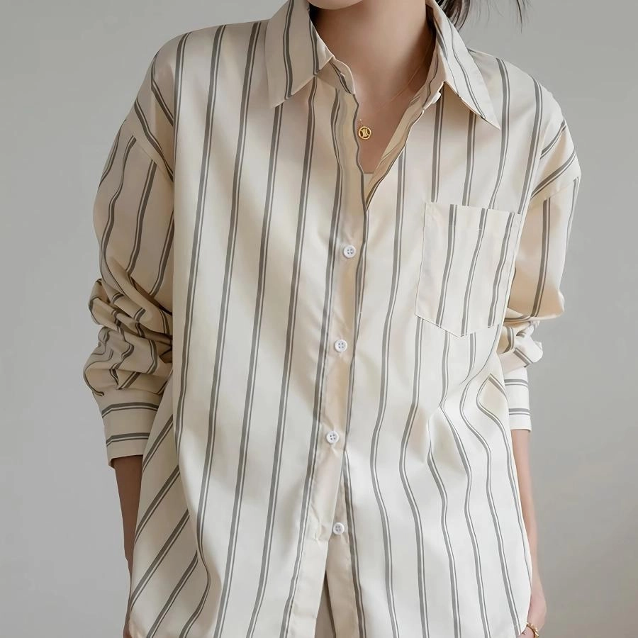 Comfortable Fabric Elegant Striped Office Blouse with Drop Shoulder Design
