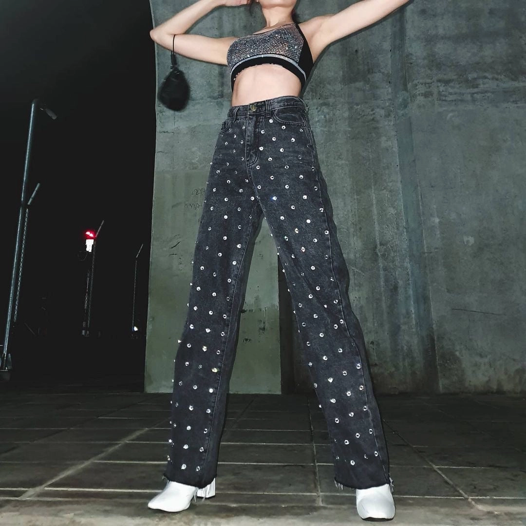 Sky Star Water Diamond Wide Leg Jeans Heavy Industry Hot Drill Modern Weekend Style