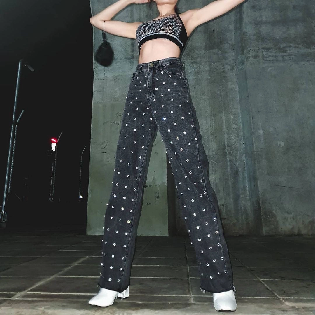 Flattering Style Sky Star Water Diamond Wide Leg Jeans Heavy Industry Hot Drill