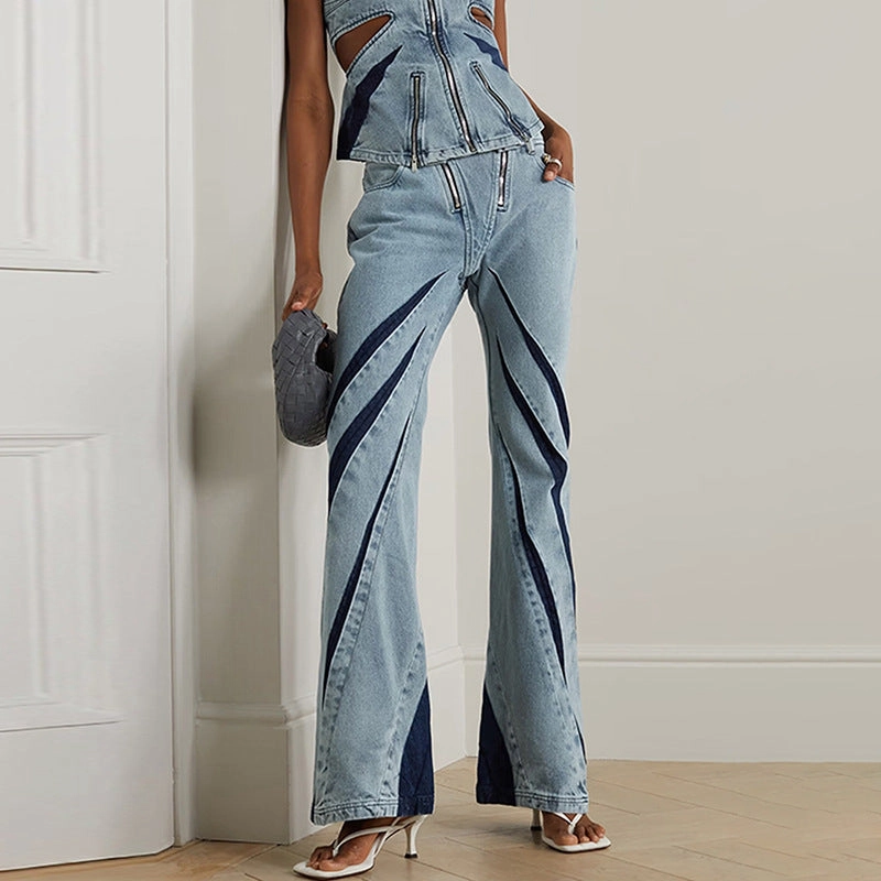 Double Zipper Stitching Elastic Washed Jeans Wardrobe Fit