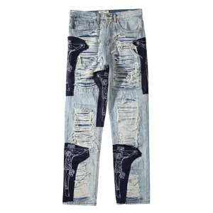Reinforced Hem VNeckReinforcement Men's Ripped Tassel Jeans
