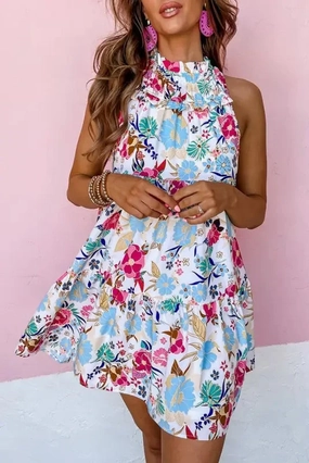Holiday Must-Have Flexible Paneling White Frill Mock Neck Floral Dress