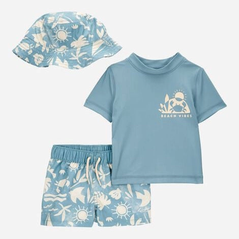 LongWearingComfort Sporty Top Baby 3-Piece "Beach Vibes" Rashguard Swim Trunk & Hat Set 1S897110-420
