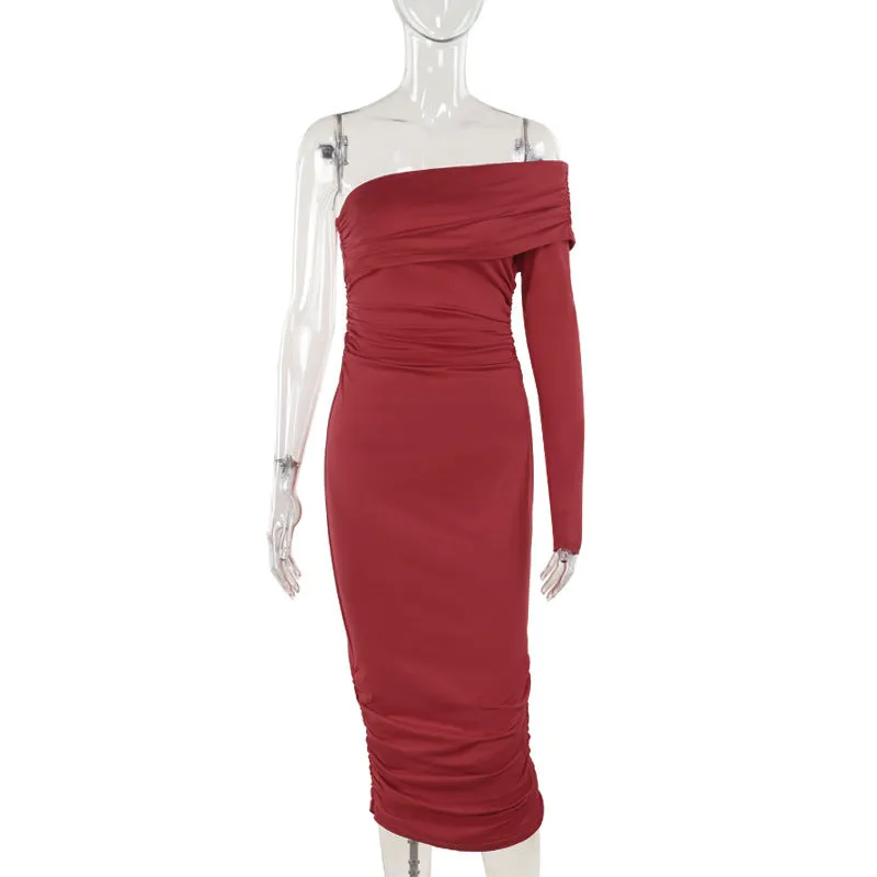 One-shoulder Pleated Long Sleeve Dress Women Lightweight Comfort