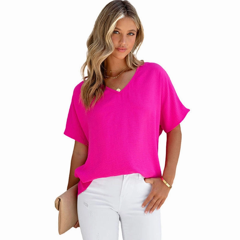 Tailored Cut Leisure All-matching Solid Color T-shirt Loose Pullover V-neck Short-sleeved Top