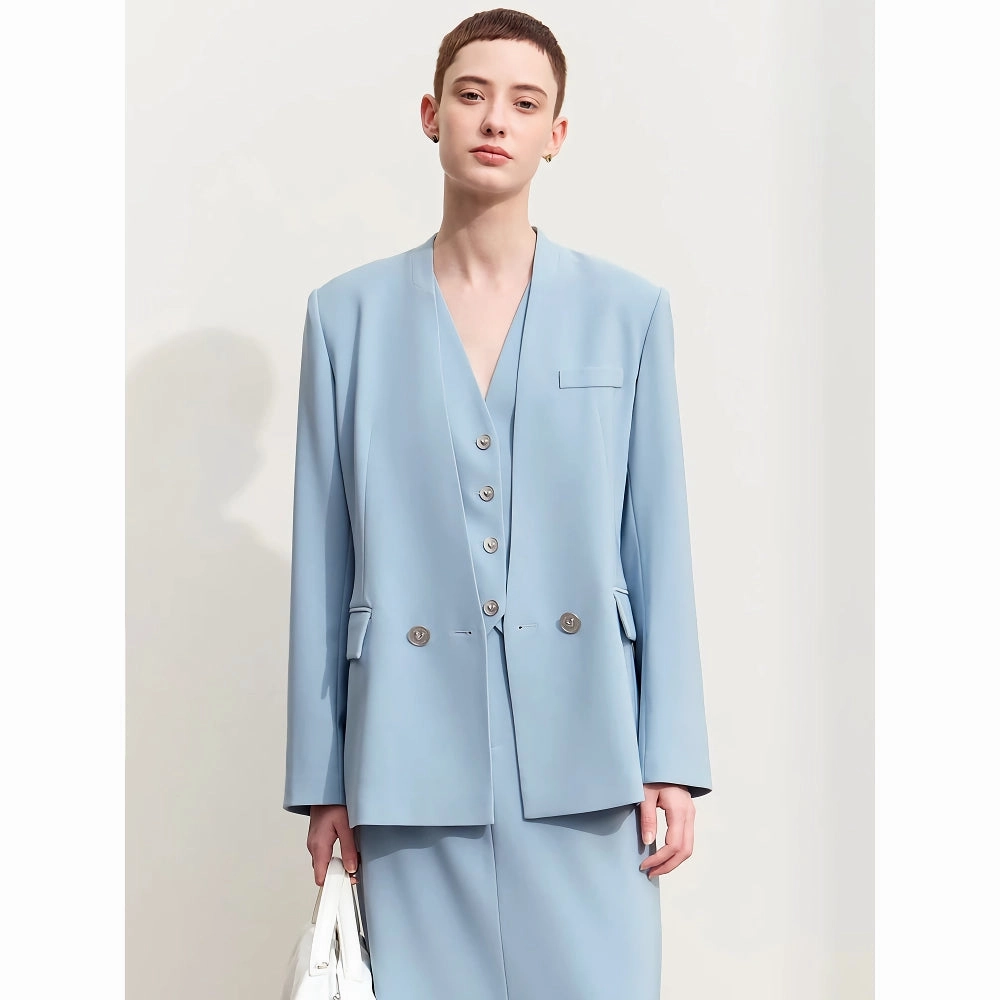 Autumn V-neck Blazer with Heart-shaped Buckle Eco Dye Process AntiStaticLayer