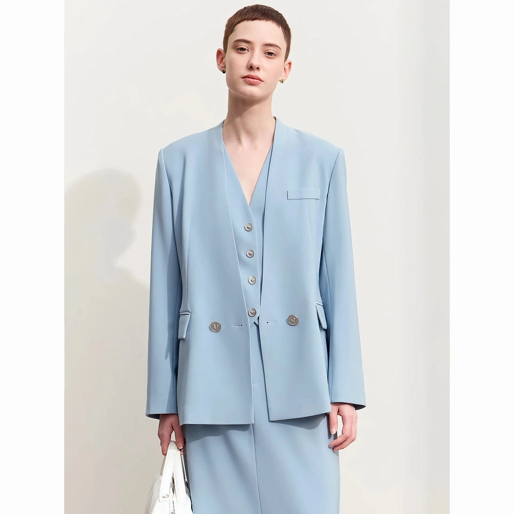 Roll Up Hood Autumn V-neck Blazer with Heart-shaped Buckle