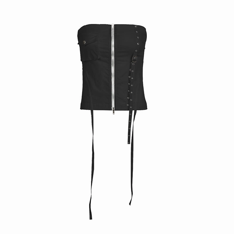 Snug feel Preppy Vibe Women's Fashionable Simple Cargo Pocket Zipper Slim Fit Waist Tube Top