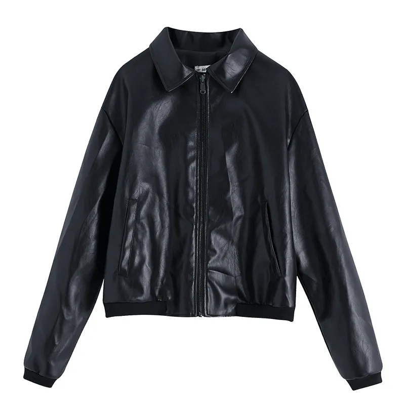 BondedZipperGuards European and American Style Women'S PU Lapel Top Short Faux Leather Jacket