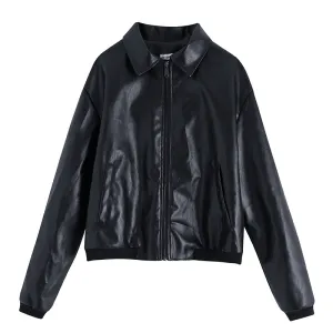 BondedZipperGuards European and American Style Women'S PU Lapel Top Short Faux Leather Jacket
