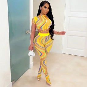 Printed Lace Up Body Stocking Casual Suit Tie-dye Waist Tether Short Sleeve Mesh Pantyhose Yoga Youth Durable Relax