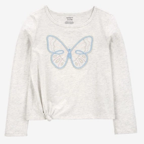 Girls' Butterfly Jersey Long-Sleeve Boxy Fit Tee - Grey 3S043910 Double Layered Hood Assembly Light Fabric