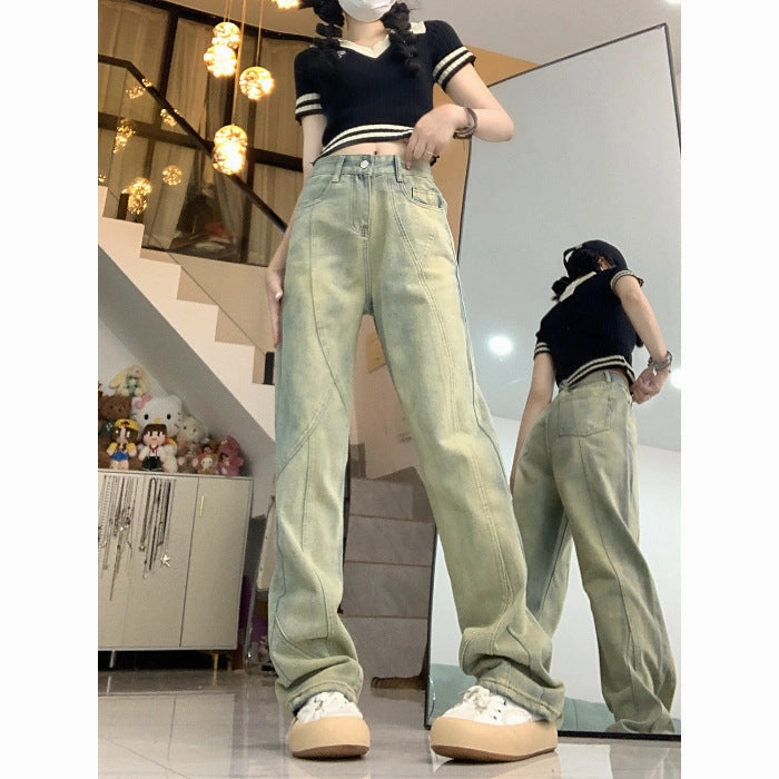 Basic Outfit Distressed Yellow Mud Jeans Women's Loose Micro-flared Straight Casual