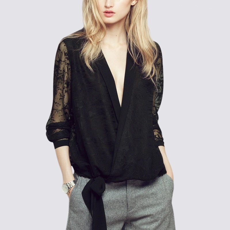 Bold Prints On-The-Go Style Loose Deep V-neck Hollow-out Long Sleeve Stitching Mesh Top