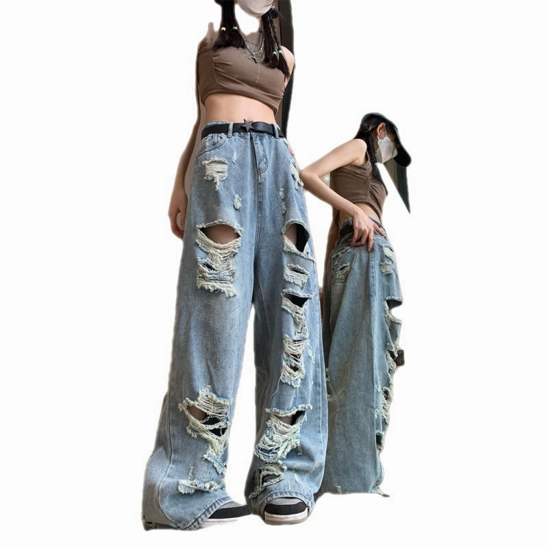 Daily Mix Sleek Shape Large Size High Street Wide Leg Beggar Ripped Jeans Women's Retro