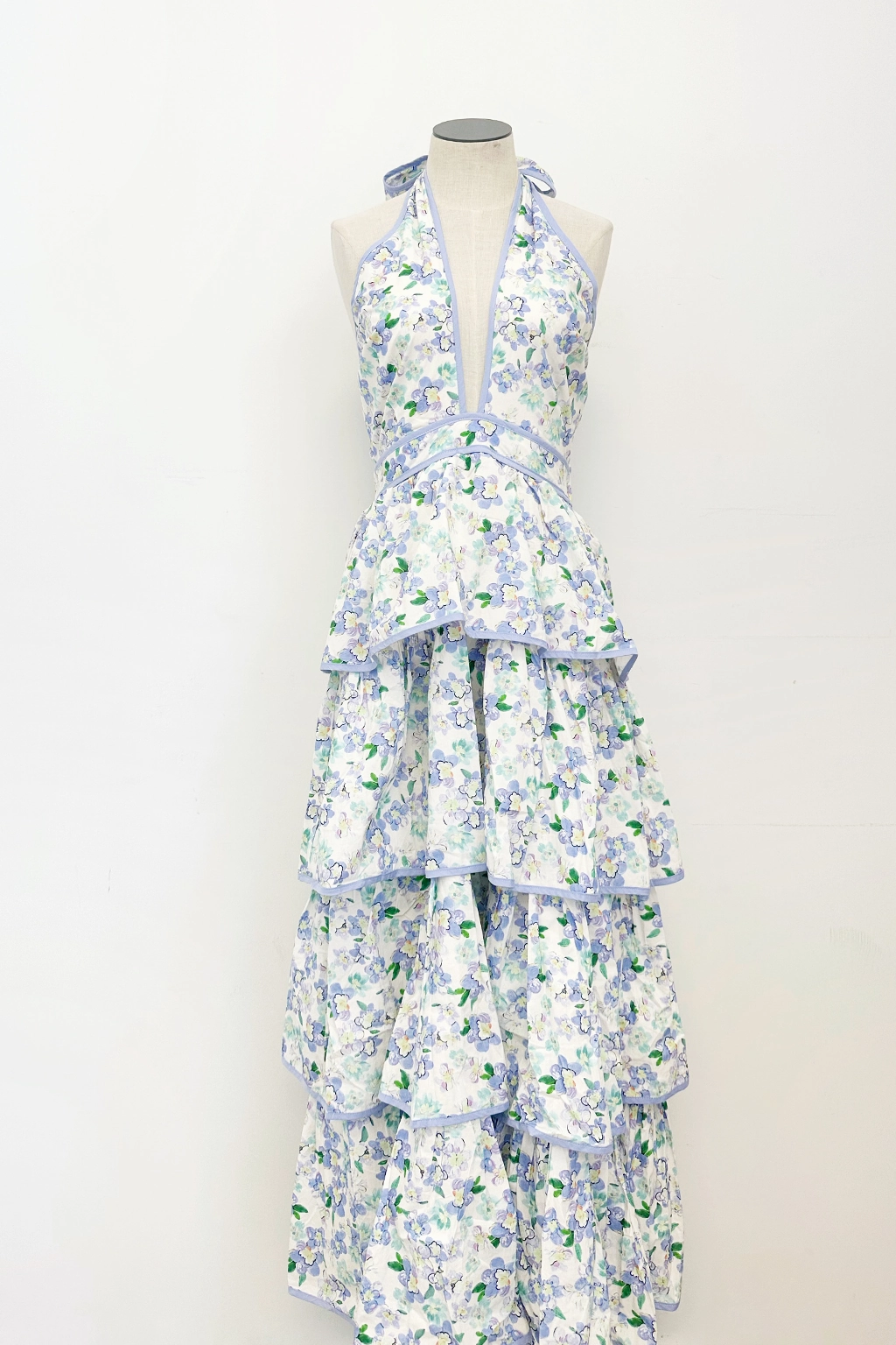 Contrast-Lining Electric Floral Tiered Halter Dress