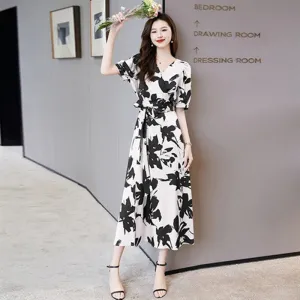 Fashion V-neck Printed Short Sleeve Dress Women Pure Lines