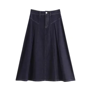 Understated Glam Elegant High Waist Dark Denim A-Line Midi Skirt for Women