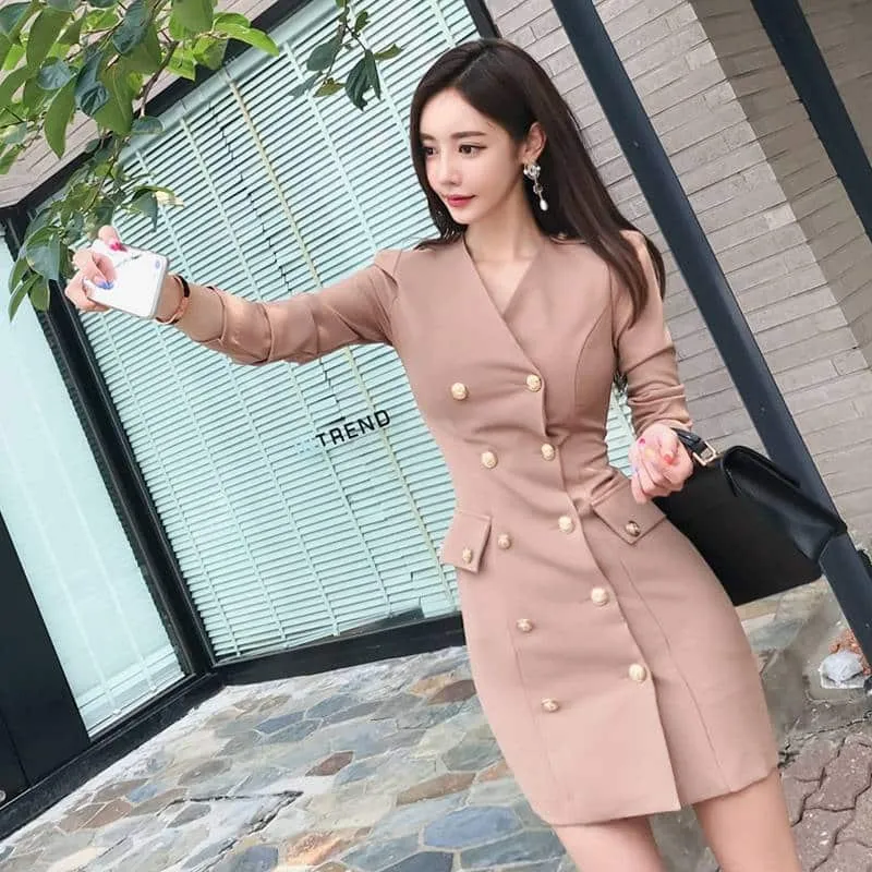 Double Breasted Solid Dress for Women Casual Style