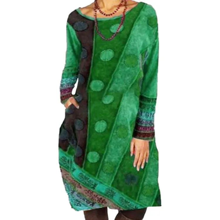 Ethnic Casual Loose Printed Dress Round Neck Long Sleeves Street Vibe Bold Pattern