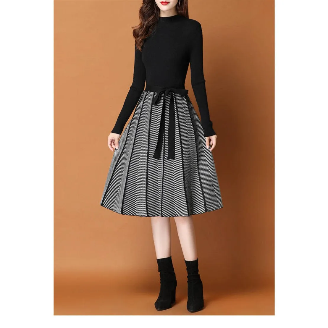 Elegant Pleated Women's Sweater Dress Earth-Tone Tailored Fit
