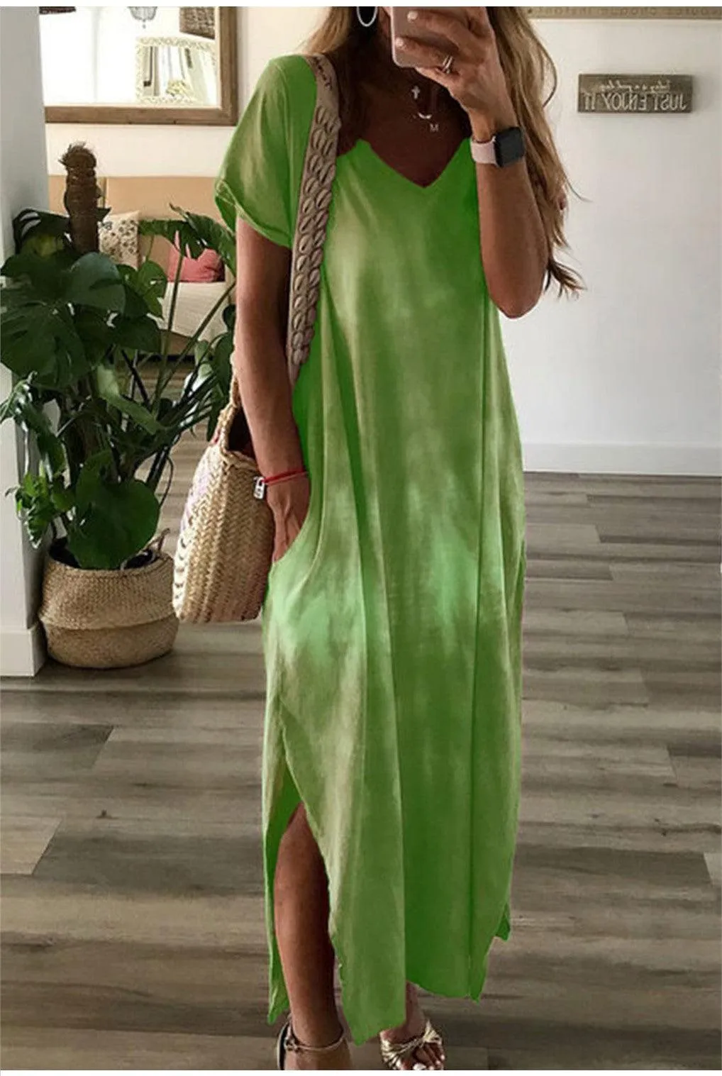 Tie-dye Printed V-neck Pocket Long Dress Modern Staple