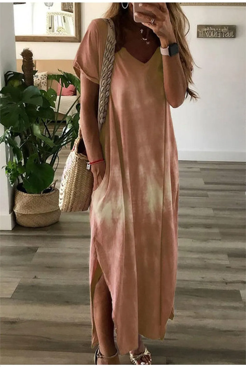 Soft Draping Tie-dye Printed V-neck Pocket Long Dress