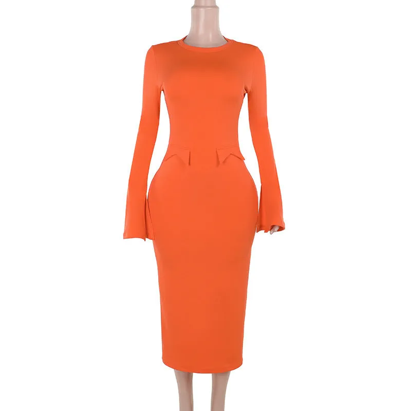 Smooth Outline Sunny Lace Elegant Slim Fit Round-neck Flared Sleeves Dress Women