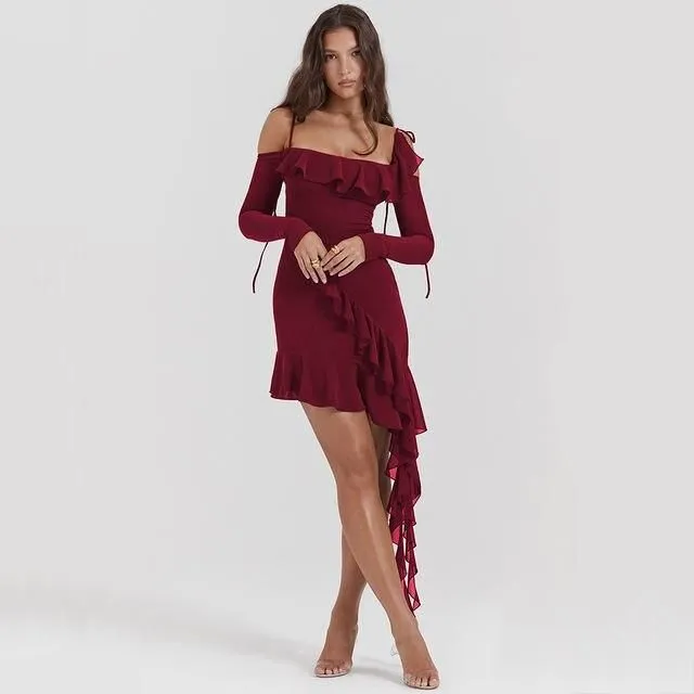 Elegant Spaghetti Strap Backless Ruffle Mini Dress for Women Water-Repellent-Finish