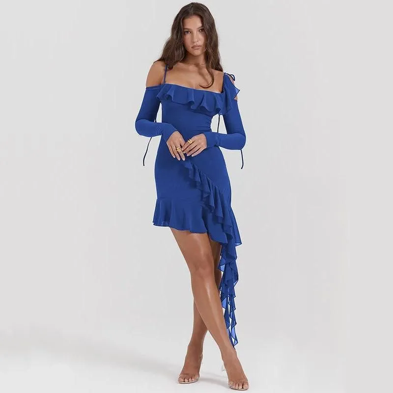 Long Sleeve Elegant Spaghetti Strap Backless Ruffle Mini Dress for Women