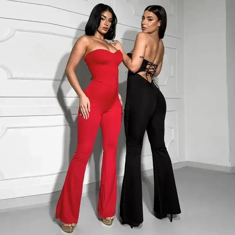 Stylish Slim Stylish Gym Elegant Lace-Up Strapless Jumpsuit