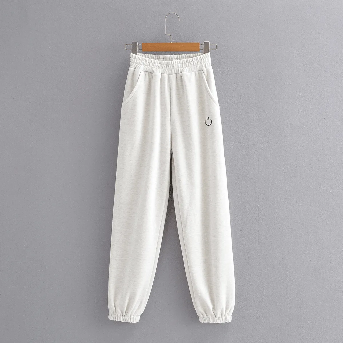 Embroidered Smiley Elastic Waist Solid Color Harem Pants Non Tapered Leg