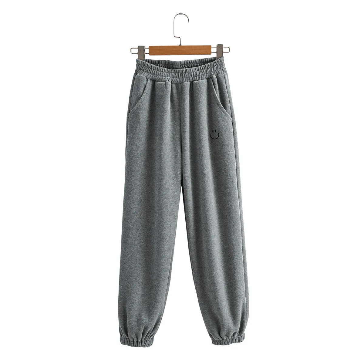 Relaxed Wear Perfect Silhouette Embroidered Smiley Elastic Waist Solid Color Harem Pants