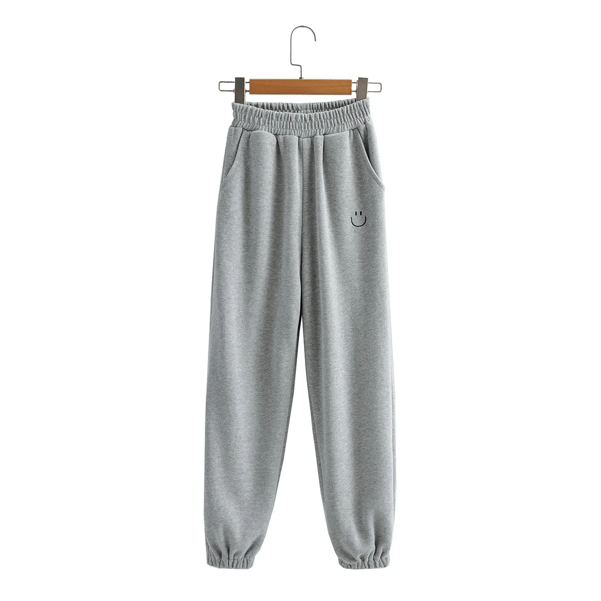 Embroidered Smiley Elastic Waist Solid Color Harem Pants Anti Chafe Lining