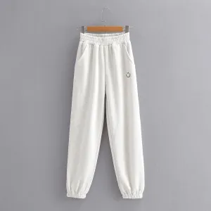 Embroidered Smiley Elastic Waist Solid Color Harem Pants Non Tapered Leg