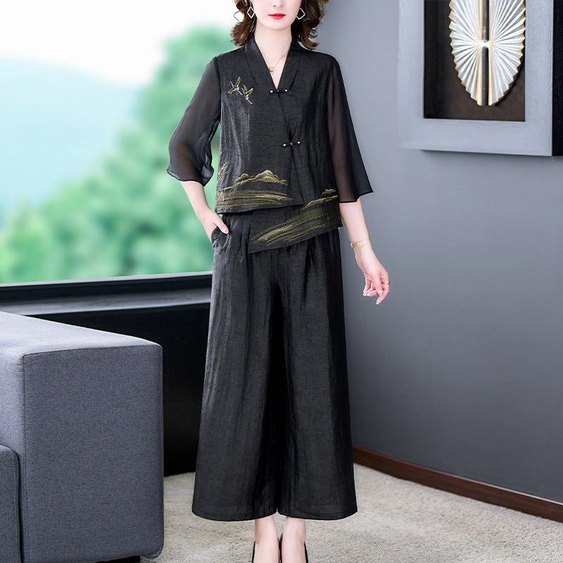 Embroidered Irregular Top Wide-leg Pants Two-piece Set Minimal Vacation Picnic Charming