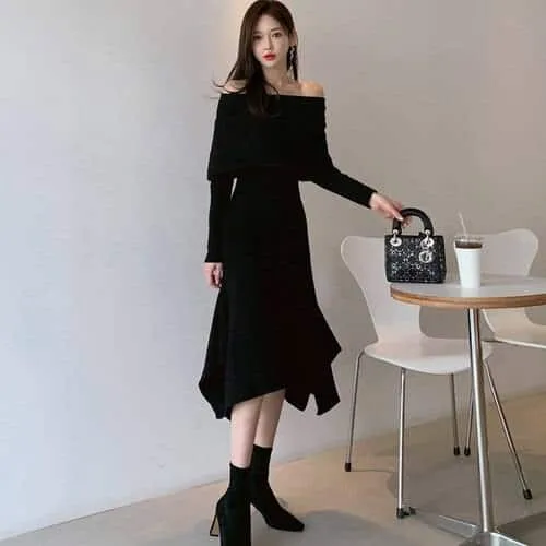 Sleek and Simple Cool Layers Slash Neck Knitting Dress
